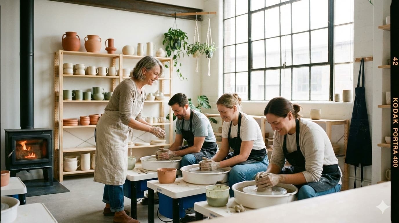 Pottery studio classroom with instructor and students