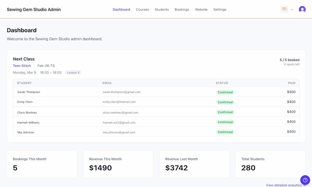 Screenshot: Bookings Dashboard